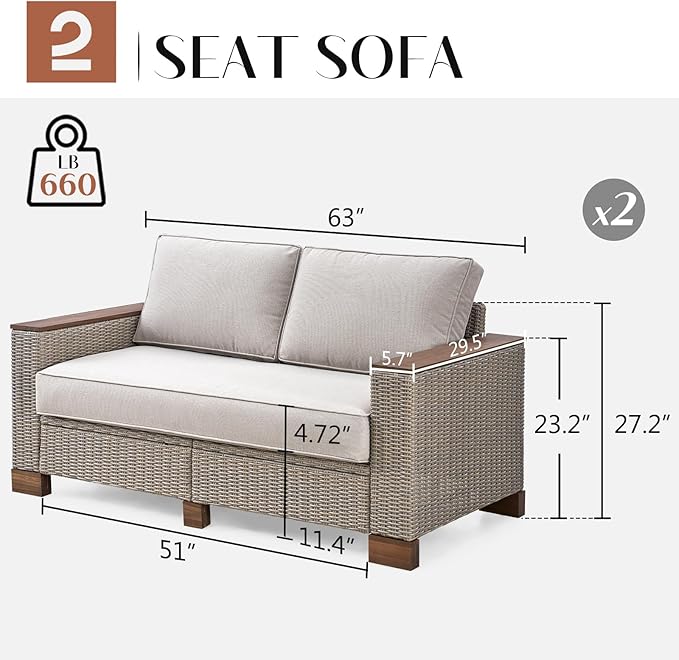 4-Piece Outdoor Patio Furniture Set, All-Weather Wicker Sofa with 5.9" Solid Wood Armrests, Wooden Legs, and Cushions – Sectional Conversation Set for Backyard, Porch, Garden, or Poolside