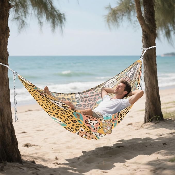 Animal Cartoon Leopard Brown 330lb Capacity Hammocks with Hanging Ropree Hammock for Outside Patio Backyard Poolside hamaca para adultos