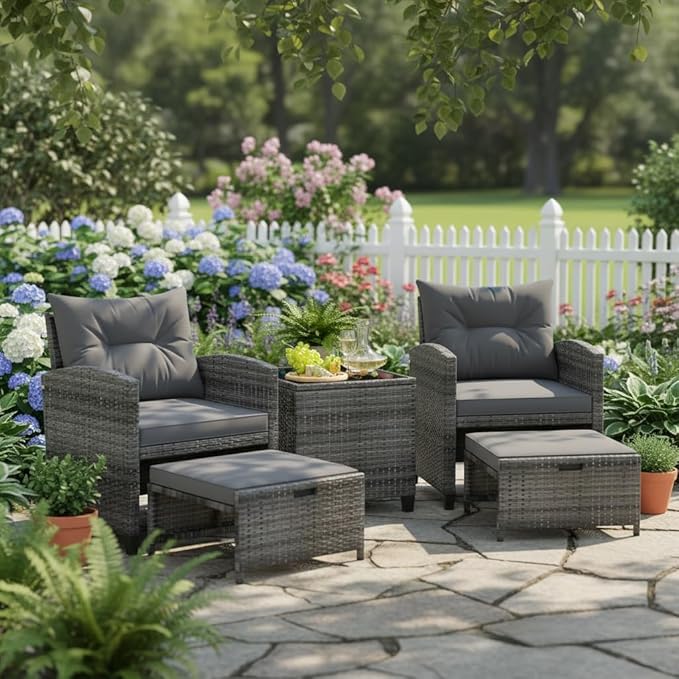 Tangkula 5 Pieces Patio Conversation Set, PE Wicker Rattan Outdoor Furniture Set with 2 Chairs, 2 Ottomans & Tempered Glass Coffee Table, Ideal for Poolside, Backyard, Lawn, Deck, Grey
