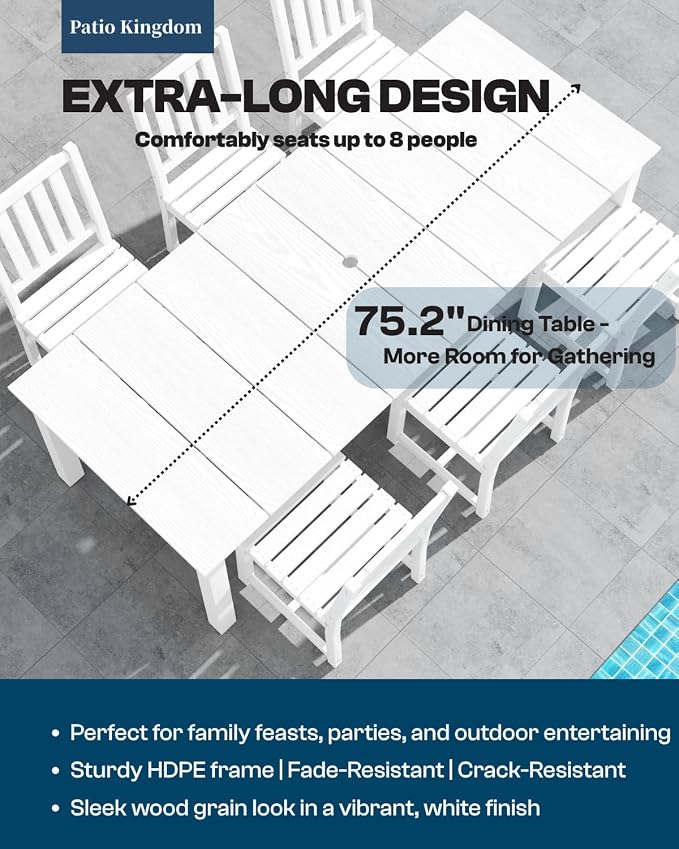 9-Piece Outdoor Dining Set with 15FT Umbrella for 8,White | 75.2'' HDPE table, chairs included, weather-resistant furniture with hole, ideal for lawn, poolside, yard, garden, deck