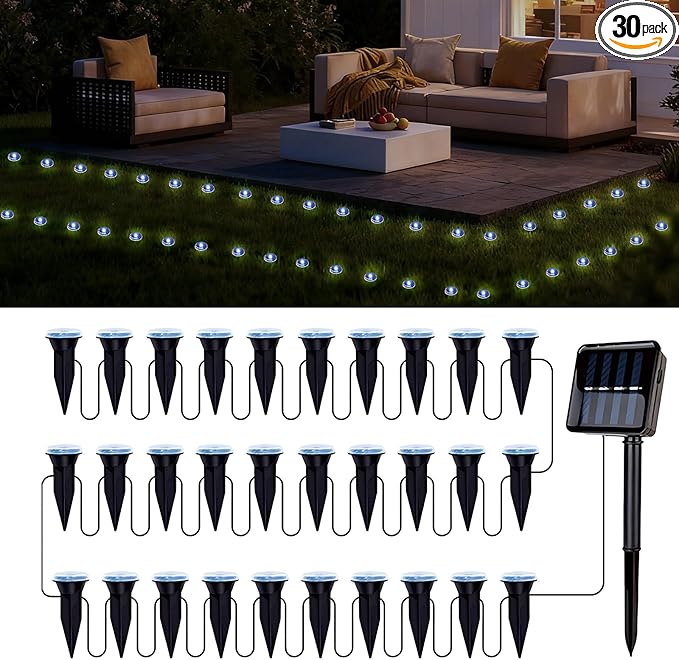 30 LED Solar Ground Lights Outdoor, Waterproof Solar Pathway Lights, LED Landscape Lighting for Garden, Patio, Driveway, Walkway - White