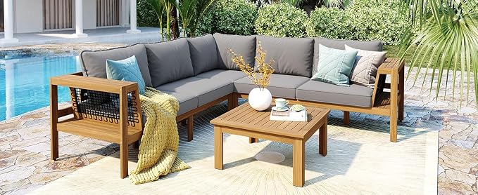 4 Piece Patio Furniture Sofa Set with Coffee Table and Woven Mesh Armrests, L-Shaped Outdoor Acacia Wood Sofa Conversation Set with Gray Cushions and Side Table, Gray Cushion