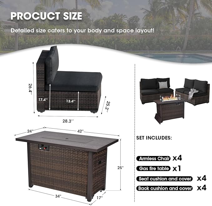 Grezone 5 Piece Patio Furniture Set with 44" Fire Pit Table, Outdoor Sectional Couch, PE Rattan Patio Conversation Sets with 4inch Cushions for Backyard Black