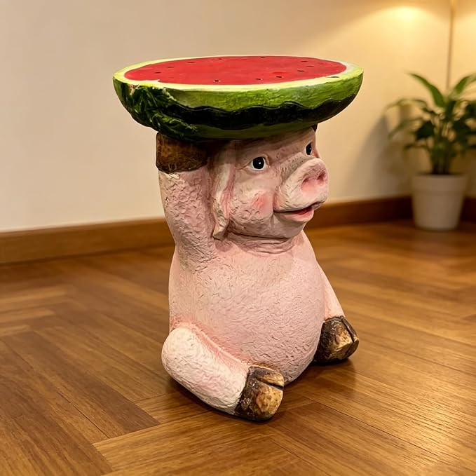 13.4" Cute Pig Side Table w/ Watermelon Top, Resin Plant Stand, Pink+Red | Multi-Functional End Table for Home Garden Patio, Weather-Resistant, Fun Novelty Decor Accent