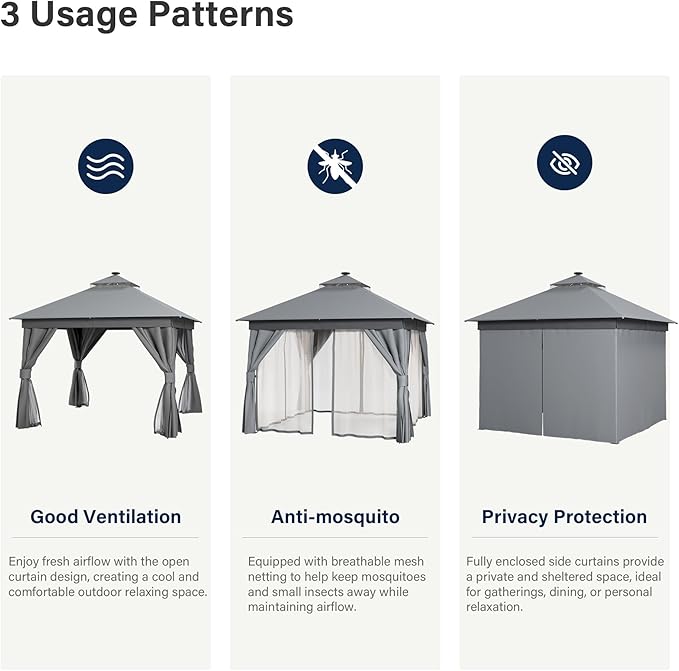 LAUSAINT HOME Patio Gazebo 10'x10' with Solar LED Roof Lights, Outdoor Heavy Duty Party Tent Shelter with Double Roofs, Mosquito Netting & Privacy Curtains for Backyard, Garden, Lawn, Gray