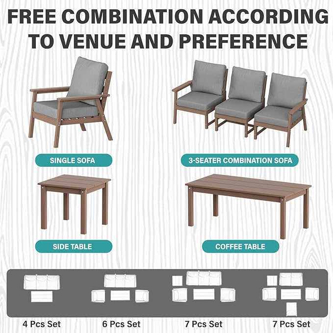 LOUNZY HDPE Patio Furinture Set, 6 Piece Sectional Sofa Outdoor Furniture Set, All Weather Outdoor Couch Set Patio Conversation Set for Deck, Lawn, Brown