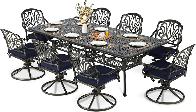 MEETWARM 9-Piece Outdoor Patio Dining Set for 8, All Weather Cast Aluminum Patio Funiture Table and Chairs Set- 94.5” Rectangular Table and 8 Cushioned Swivel Rocker Chairs, Umbrella Hole, Navy Blue