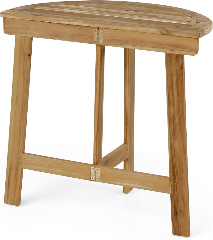 Outdoor Foldable Acacia Bistro Table, Half-Round Wall-Mounted Patio Dining Set, Natural Finish