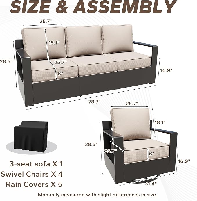 Aluminum Outdoor Conversation Furniture Set - All Weather Patio 79" Sofa with 4 Swivel Rocker Chairs, 6" Water-Resistant Cushions & Furniture Covers & Metal Armrest for Backyard (Beige)