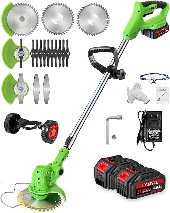 Weed Wacker,21V Electric Cordless Weed Eater 2×4.0Ah Battery-Powered with 3 Types of Blades, Adjustable Cutting Angle & Height, 3-in-1 Stringless Grass Trimmer, Brush Cutter for Lawn Yard Garden