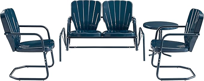 Crosley Furniture Ridgeland 4-Piece Retro Metal Outdoor Loveseat Glider Patio Furniture Set for Porch, Deck, Navy Gloss