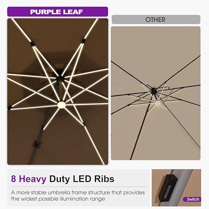 PURPLE LEAF Cantilever Umbrella with Base 13ft Outdoor Round Patio Solar Powered LED Umbrella with 360-degree Rotation for Garden Deck Pool Patio, Beige