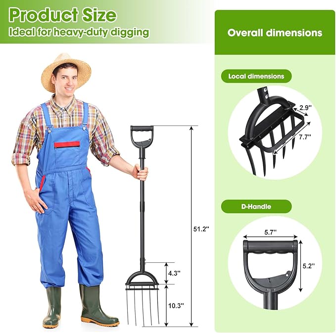 Broadfork Garden Tool, 51IN Pitch Fork for Gardening 5-Tine Heavy Duty Garden Fork with Ergonomic D-Grip Handle for Digging Loosening Soil Cultivating Weeding Composting