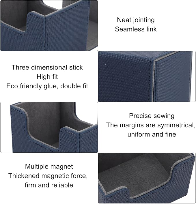 Zunate Card Deck Box for Tarot or Game Cards, Large Capacity PU Leather Storage Box/Cover with Magnetic Flap Lid, Holds 100 Cards, Soft Felt Lining, Black Finish (Blue)