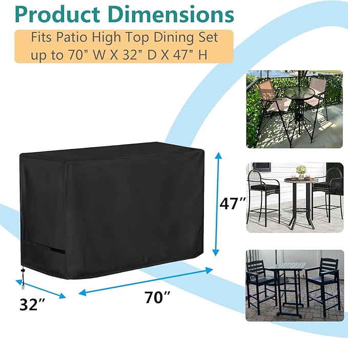 Oslimea Bar Height Patio Set Cover, Outdoor Bistro Set Cover for High Top Bar Table and Chairs/Outdoor High Stool Bistro Set 3 Pieces, Waterproof and Windproof, 70" L x 32" D x 47" H