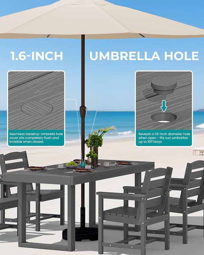 SERWALL HDPE Outdoor Dining Set for 6, 67'' Patio Table and Chairs Set | with Armchair Seat