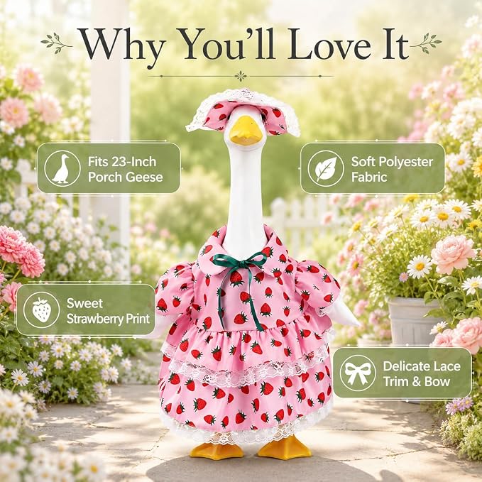 Spring Summer Porch Goose Outfit, Pink Strawberry Goose Costume for 23 Inch Goose Statue, with Lace Trim and Matching Hat, Spring Summer Outdoor Yard Lawn Patio Decor