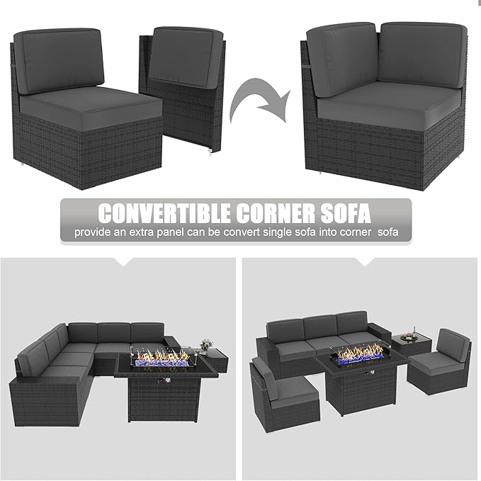 LayinSun 7 Pieces Outdoor Patio Furniture Set with 44" Fire Pit Table Rattan Sectional Sofa Conversation Sets