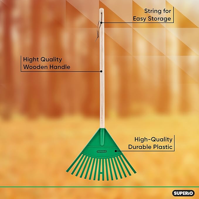 Child-Size Leaf Collector & Rake Set – Garden Leaf Scoops and Lawn Cleaning Tools for Kids, Includes 1 Rake and 1 Pair of Leaf Grabbers, Green Plastic – by Superio