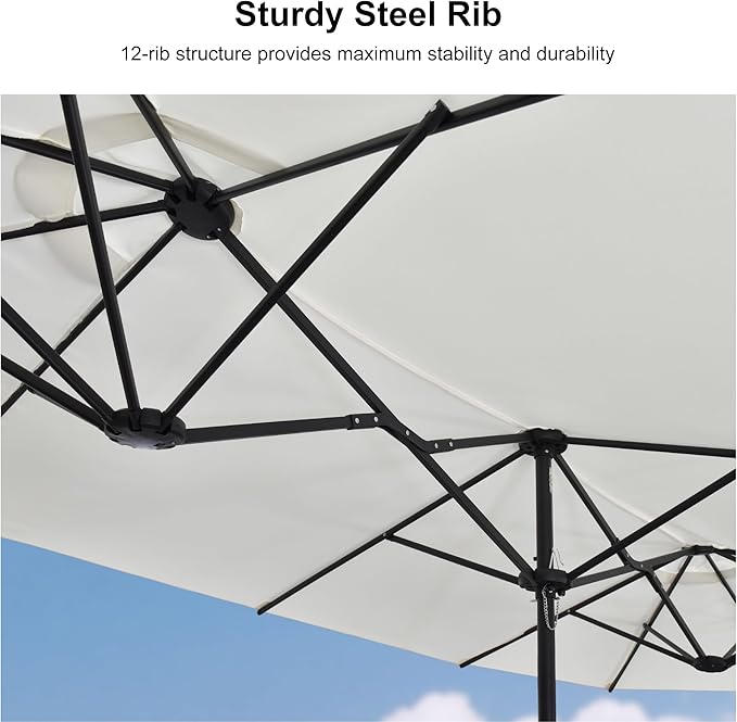 PURPLE LEAF 15ft Patio Market Umbrella with Base Double-Sided Rectangle Outdoor Table Sun Umbrellas with Crank 12 Heavy Duty Sturdy Ribs for Pool Beach Deck Backyard Cream