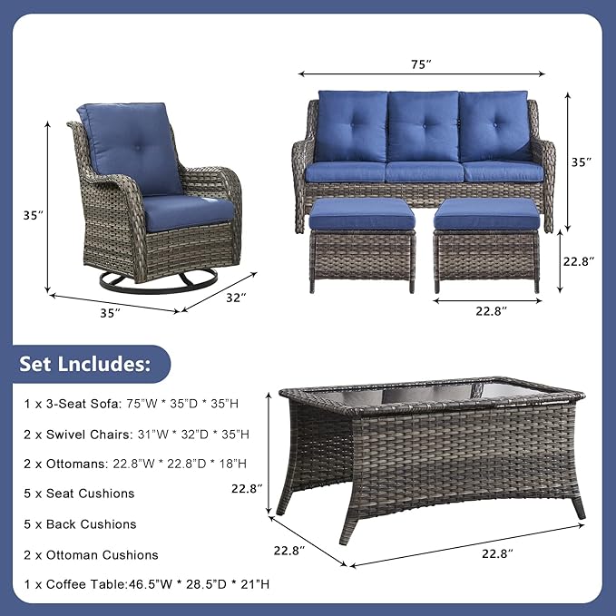 Rilyson Wicker Patio Furniture Set - 6 PC Rattan Outdoor Sectional Conversation Sets with 2 Swivel Rocking Chairs,2 Ottomans,1 Sofa and 1 Coffee Table for Porch Deck(Mixed Grey/Blue)