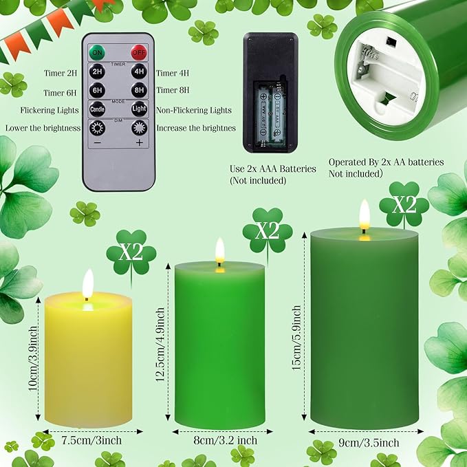 6 Pcs St Patrick s Day Flameless Candles LED Flameless Pillar Candles Wax LED Fake Candle with Remote and Timer Flickering H 4 5 6 for Wedding Party Holiday Party Decor