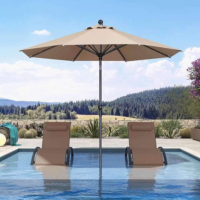 PURPLE LEAF 9' Round Patio Umbrella Outdoor Table Umbrella Aluminum Frame Market Umbrella Sun Umbrella with 8 Sturdy Ribs Tilt for Garden Deck Lawn Pool Taupe