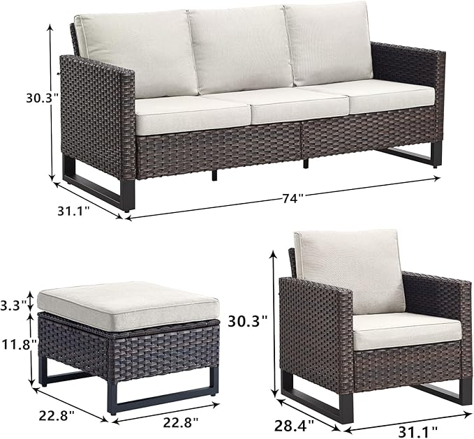Rilyson Wicker Outdoor Patio Furniture Set - 5 Piece Patio Conversation Set with 2 Wicker Armrest Chairs,2 Rattan Ottoman and 1 Couch for Outside Porch Deck Backyard Garden(Brown/Beige)