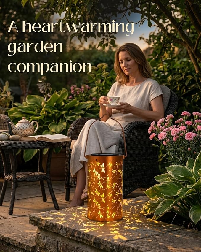 DIBIEECN Birthday Gifts for Women Mom Grandma Wife, Solar Lanterns Outdoor Waterproof, Metal Hanging Lights Garden Decor, LED Decorative Lantern for Patio Porch Backyard,Dragonfly, 1 Pack