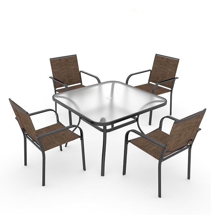Anmutig 5-Piece Outdoor Patio Dining Set 37-Inch Square Glass Table with 4 Stackable Chairs for Lawn Backyard and Deck, Brown