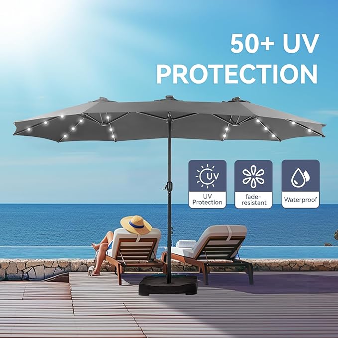GREEN PARTY 15 ft Large Outdoor Patio Umbrella with Solar Led Lights & Base Included, Double-Sided Rectangular Table Umbrella with Stand, Market Umbrellas for Deck Poolside Garden Backyard, Smoky Gray