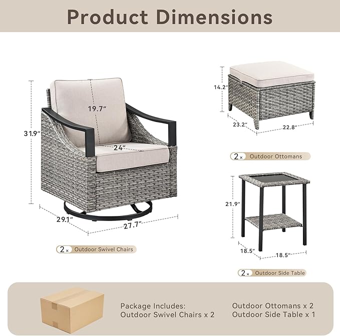 5 Pieces Wicker Outdoor Patio Furniture Set-All-Weather Wicker Patio Swivel Glider Chairs with 2 Ottoman and Glass Side Table, Outdoor Patio Conversation Sets for Porch Balcony Deck Beige/Grey