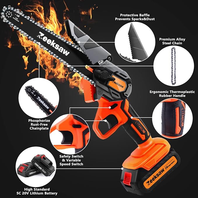 ZEEKSAW Mini Chainsaw 6 Inch Cordless, Super Handheld Chainsaw with 2x Big Batteries, Electric Mini Chain saw Battery Powered, Small Hand saws for Tree Wood - Garden Yard Time Saving Tool