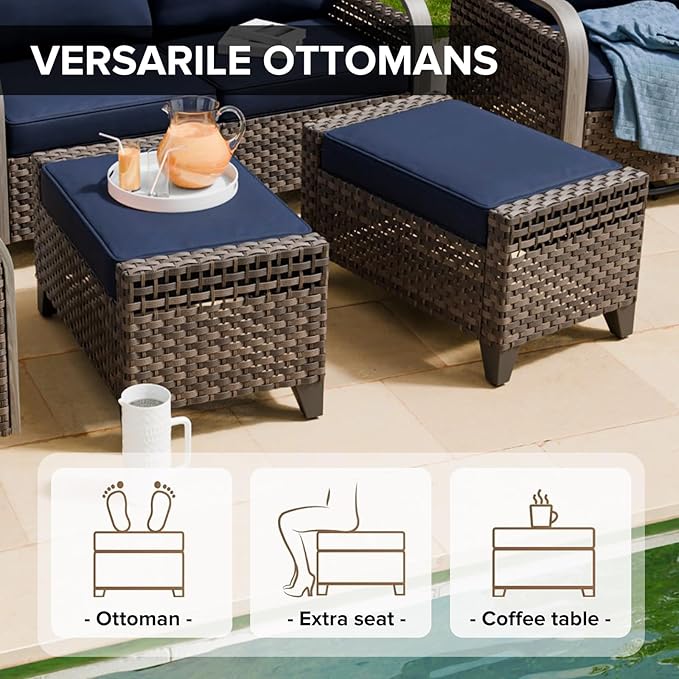 COOS BAY Modern Wicker Outdoor Furniture Set, 5 Piece Patio Conversation Set with 2 Patio Chairs, a 3 Seat Couch and 2 Ottomans, 5 Piece, Brown/Blue