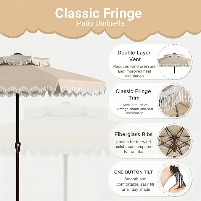 Patiokingdom 9FT Patio Umbrella with Fringe,Tassel Umbrella UPF 50+ & Push-Button Tilt,Rust-Resistant Fiberglass Frame for Pool,Garden,Backyard,Yard (Beige)