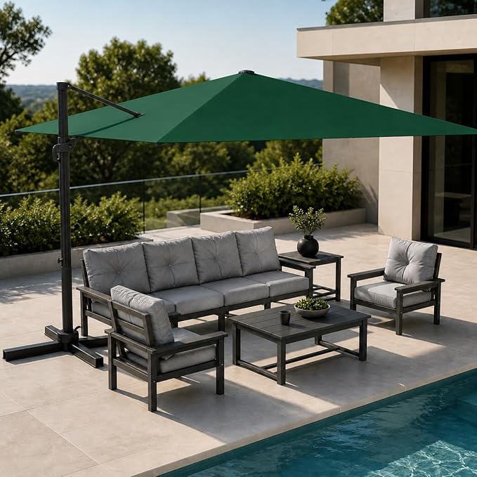 Kingdura 8' X 8' Cantilever Patio Umbrella with Base Included, Large Square Outdoor Offset Umbrella with 360-degree Rotation, 4 Position Tilt, UV Protection for Pool Deck Garden Patio (Dark green)