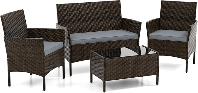 DORTALA 4-Piece Rattan Patio Furniture Set, Outdoor Table & Chair Set with Tempered Glass Coffee Table, Cushion, Wicker Conversation Set for Garden, Lawn, Poolside and Backyard, Gray