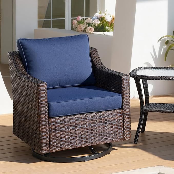 Luxury Outdoor Swivel Rocking Chair, Easy Assembly Patio Rocker for Porch Deck Balcony Yard Poolside in Brown Wicker and Blue Cushion