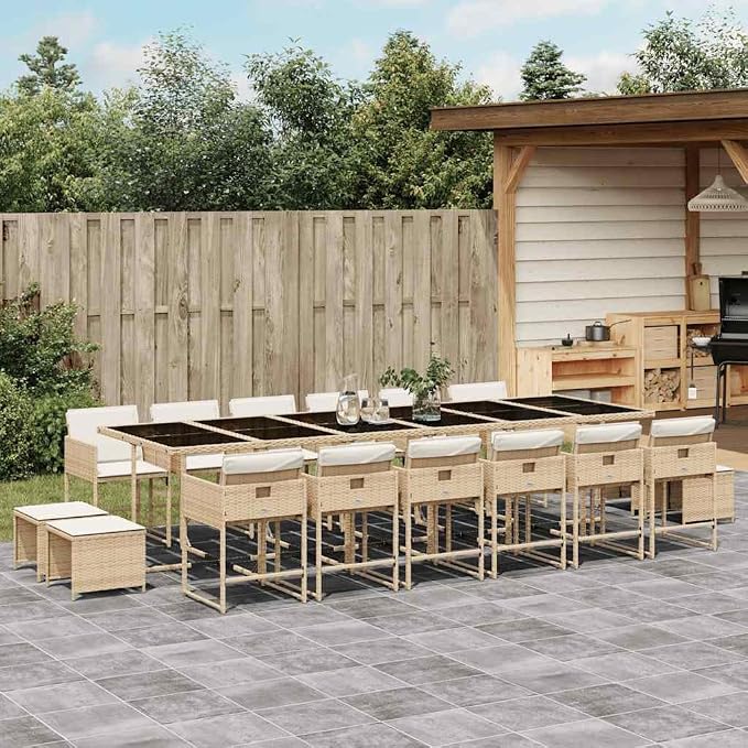 17 Piece Garden Dining Set, 16 Seater Patio Furniture, Rectangular Outdoor Table with Cushions, Foldable Poly Rattan Seating for Backyard Deck