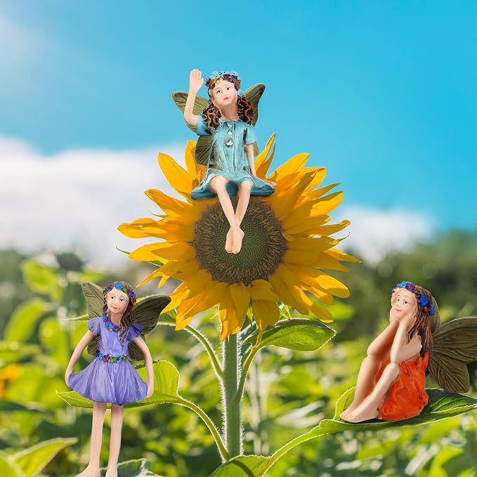 6 Miniature Fairy Figurines for Garden Outdoor, Resin Fairies with Sticks | Fairy Garden Accessories, Set of 6, Tiny Girl Sculptures, Plant Pot Decor, Lawn Ornaments, Indoor Outdoor Use