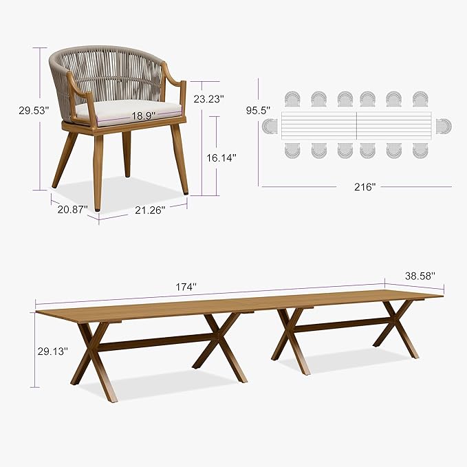 PURPLE LEAF 16 Pieces Outdoor Dining Set All Weather Wicker Patio Dining Set with Rectangular Aluminum Table and Modern Armrest Dining Chairs for Garden Deck Backyard Kitchen, Teak