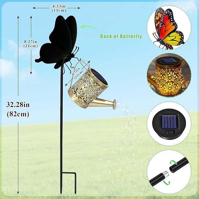Solar Lights Outdoor Decorative, Watering Can with Cascading LED Lights on Butterfly Shepherd's Hook, Solar Garden Stake Decor for Patio Yard Pathway, Gift for Women Mom