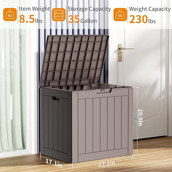 DRATO 35 Gallon Deck Boxes Resin Outdoor Storage Box UV Resistant Outside Deck Box with Lockable Lid for Patio Furniture (Grey, 35 Gallon)