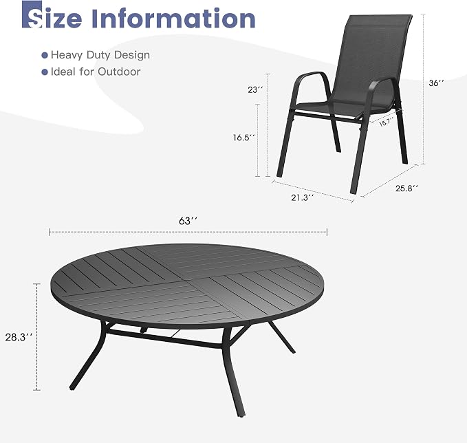 VICLLAX Round Outdoor Patio Dining Set for 10, Metal Slatted Patio Table with Umbrella Hole and 10 Stackable Patio Chairs for Deck Lawn Garden, Black Fabric and Black Tabletop