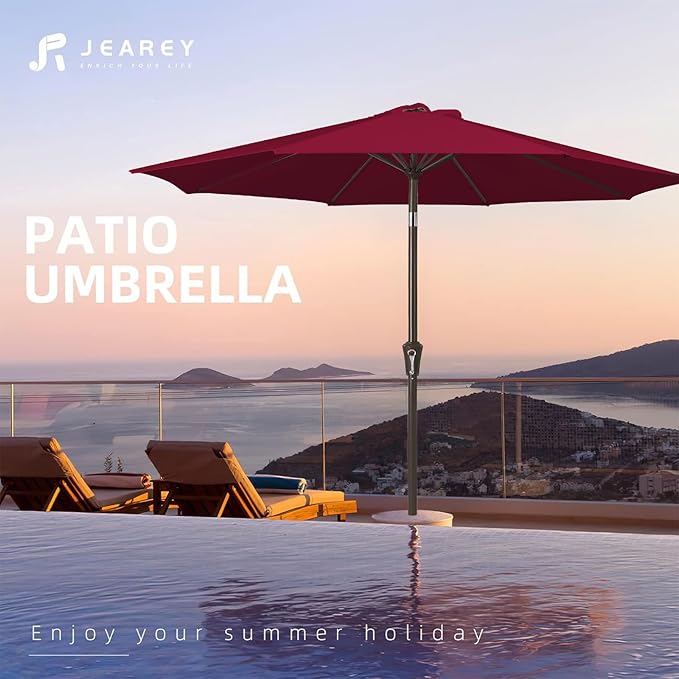 JEAREY 10FT Outdoor Patio Umbrella Outdoor Table Umbrella with Push Button Tilt and Crank, Market Umbrella 8 Sturdy Ribs UV Protection Waterproof for Pool, Garden (Dark Red)