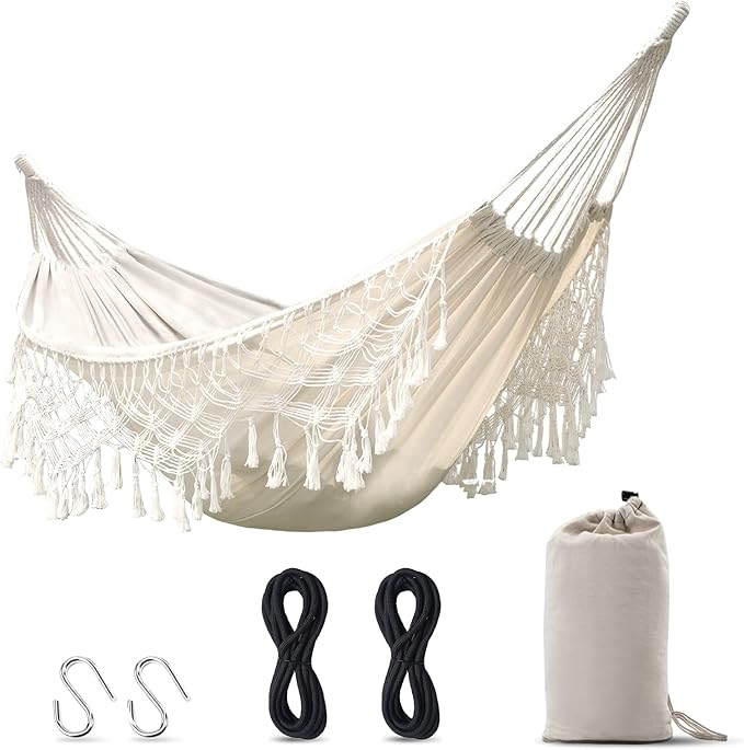 Hammock Boho Large Brazilian Macrame Fringe 2 Person Double Deluxe Hammock Swing,Perfect for Camping Outdoor/Indoor Patio Travel Bedroom Backyard(White)
