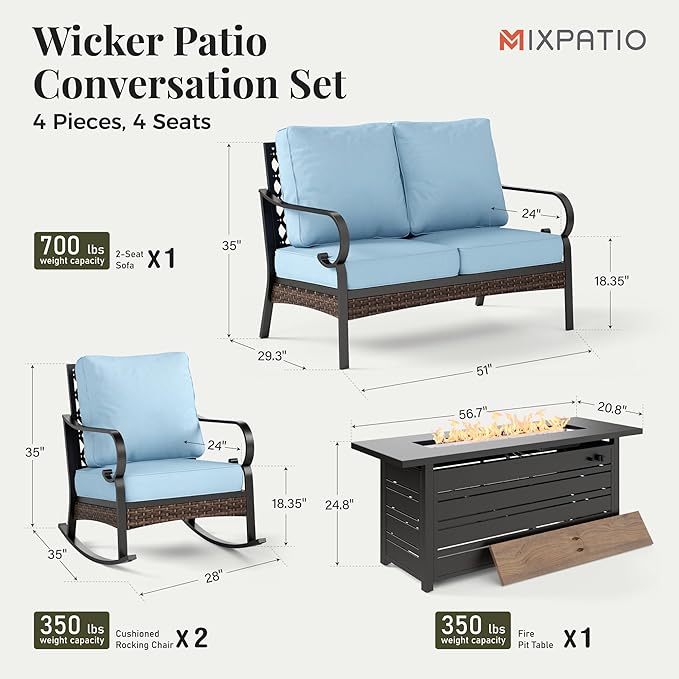 Patio Furniture Set with Firepit Table, Black Frame Outdoor Conversation Set with 2 x Rocking Chair, 1 x 2-Seat Sofa for Lawn Garden Backyard, Blue