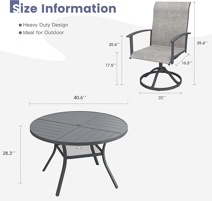 VICLLAX Outdoor Table and Chairs Set for 4, Patio Dining Set of 40.6" Metal Round Patio Table with Umbrella Hole & 4 Swivel Outdoor Dining Chairs for Backyard Lawn, Grey & Dark Grey