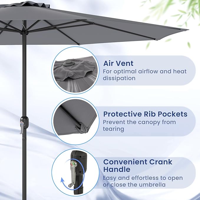 Tangkula 12 FT Patio Umbrella, Outdoor Market Umbrella with Crank Handle, 8 Sturdy Ribs, Double-Tiered Table Umbrella, Sun-Protective Waterproof Canopy Round Parasol for Garden Backyard Pool (Grey)