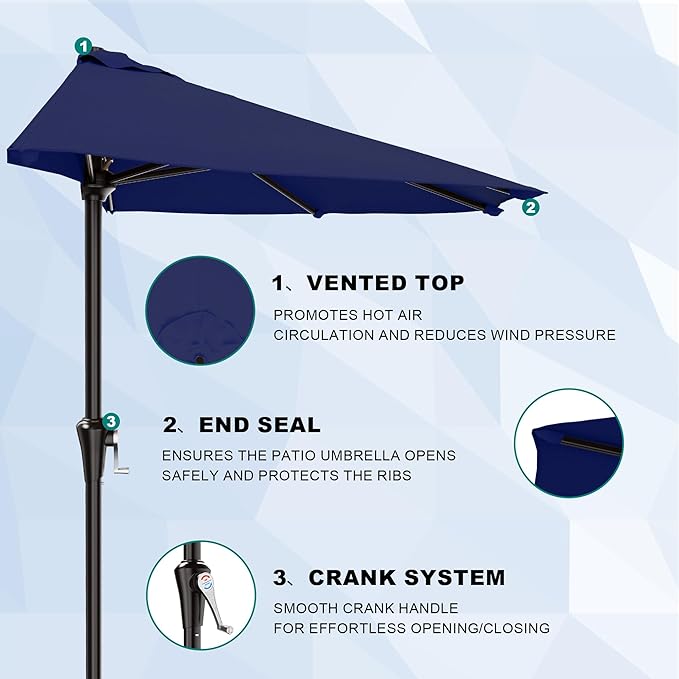 AreShark 9FT Half Patio Umbrella, Outdoor Wall Umbrella with Crank & 5 Sturdy Ribs, Table 1/2 Umbrella Patio for Garden, Deck, Balcony and Pool, Navy